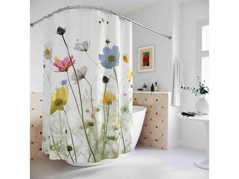 May include: White shower curtain with a floral print featuring colourful cosmos flowers on a white background.