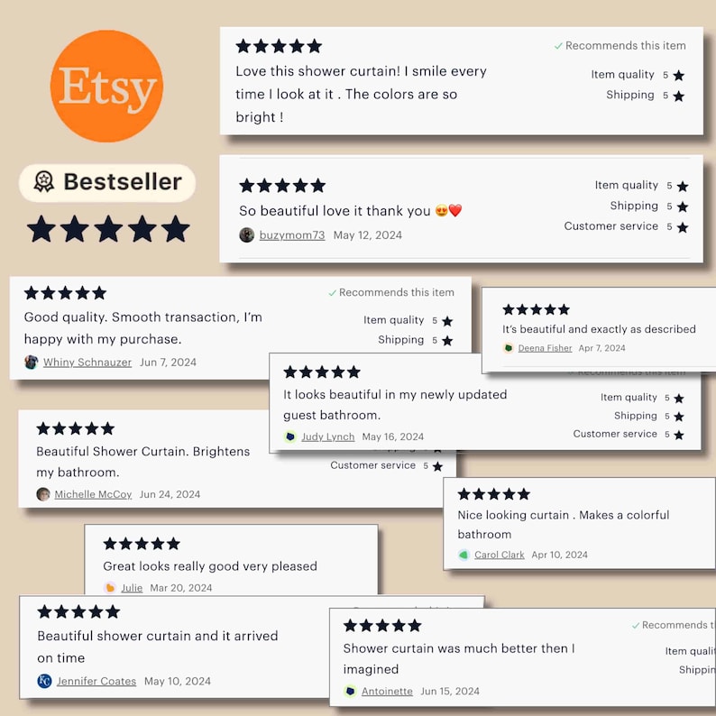 May include: A collection of customer reviews for a shower curtain. The reviews are all positive and include comments about the quality, shipping, and customer service. The reviews also include photos of the shower curtain in different bathrooms.