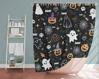 Halloween Shower Curtain, Ghost And Pumpkin Bathroom Bohemian Decor, Cute Shower Curtains Spooky Night Skull Skeleton Home Decor 71x74 in