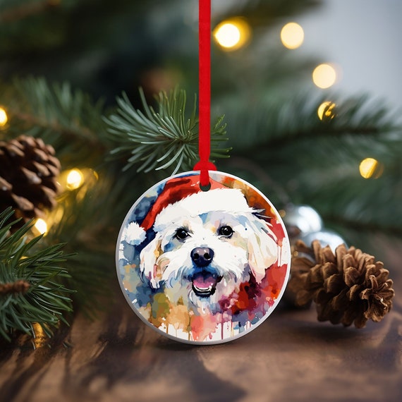 Maltese Christmas Ornament, Round Ceramic Xmas Tree Decor, Maltese
