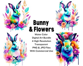 Bunny And Flowers PNG File Digital Download Bundle, Easter Transparent Pattern Easter Bunny Holiday Party Background Decorative Graphic File