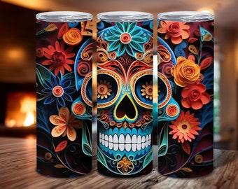 Blauer Catrina 20 Unzen Skinny Tumbler mit Strohbecher Trendiges Geschenk einzigartig für sie und jeden, der einen einzigartigen Becher während der Halloween-Saison sucht