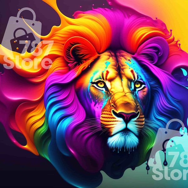 Lion Portrait Colorful Art Wildlife Digital Downloads Desktop Wallpaper Lion King Gift For Her Feline Lovers Macbook Computer Wallpaper PNG
