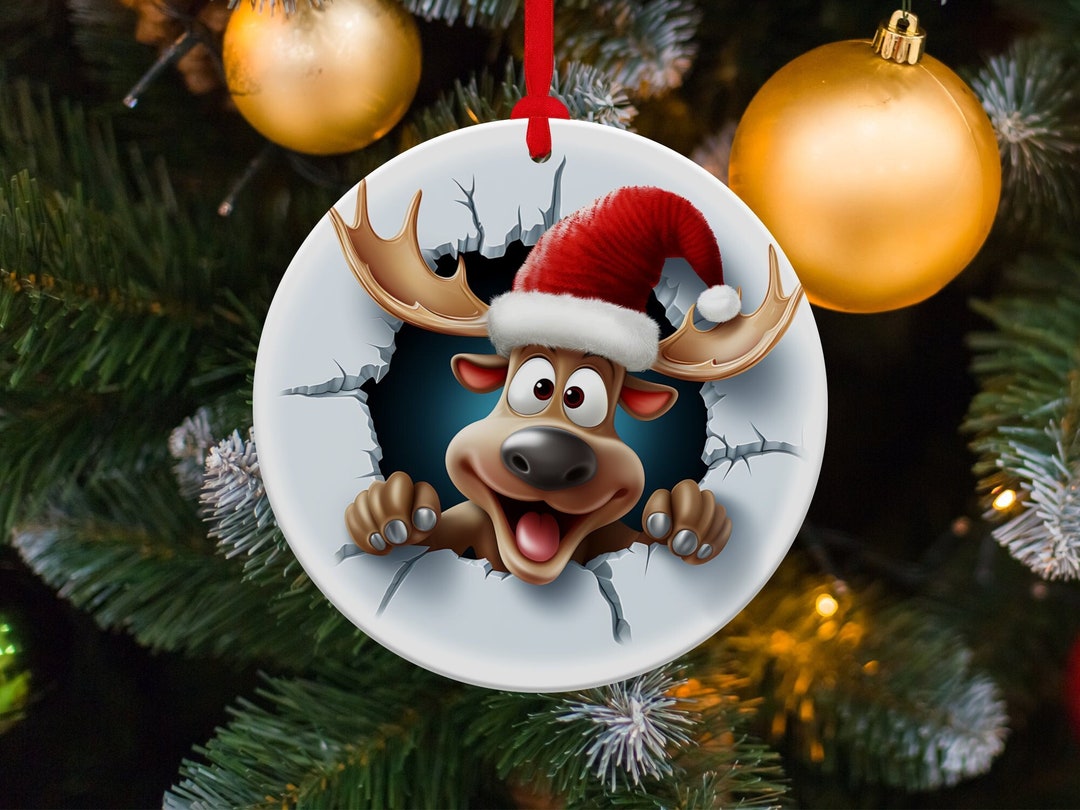 Goofy Rudolph Christmas Ornament, Cute Round Ceramic Xmas Tree Decor ...