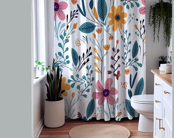 Cortina de ducha bohemia con flores silvestres, decoración bohemia para baño, lindas cortinas de ducha, cortina de ducha gótica floral, colores vivos, decoración del hogar, 71 x 74 pulgadas