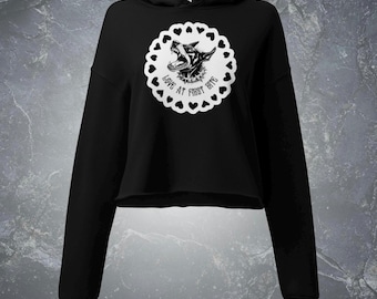 Love at First Bite Crop Hoodie – Gothic Valentine’s Day Top, Edgy Doberman Design, Alt Fashion by Wicked Dark