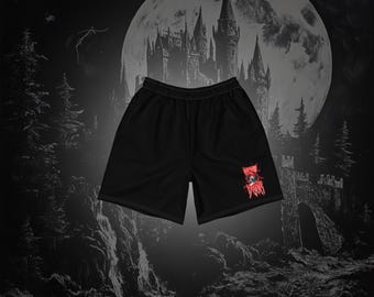 May include: Black athletic shorts with a red graphic on the right leg. The shorts are set against a grayscale backdrop of a castle, trees, and a full moon. The graphic appears to be a stylized design.