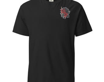 Black and White Gothic Rose Tee – Dark Floral Graphic Shirt, Alternative Art Design, Gothic Apparel
