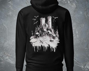 May include: Black hooded sweatshirt with a white graphic print of a crumbling castle with bats flying overhead.