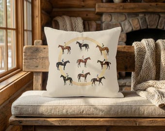 Vintage Racehorse Art Pillow | Gold Greek Key Equestrian Decor