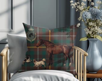 Horse and Dog Vintage Portrait Tartan Canvas Pillow, Equestrian Horse Decor