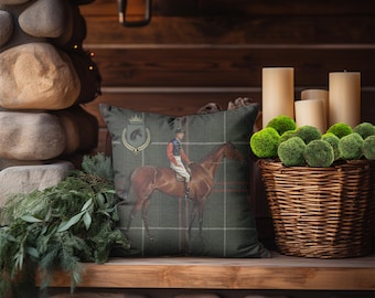 Cojín con diseño de caballo de carreras y jinete vintage, decoración de estilo ecuestre