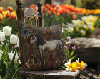 Horse and Dog Vintage Portrait Tartan Canvas Pillow, Equestrian Pillow