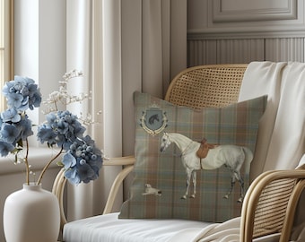 Horse and Dog Vintage Portrait Tartan Canvas Pillow, Equestrian Decor