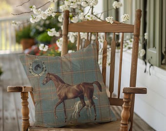 Horse and Dog Vintage Portrait  Pillow, Equestrian Decor