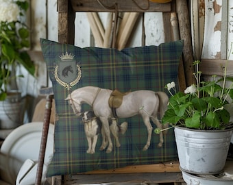 Horse and Dog Vintage Portrait Tartan Canvas Pillow, Equestrian Decor