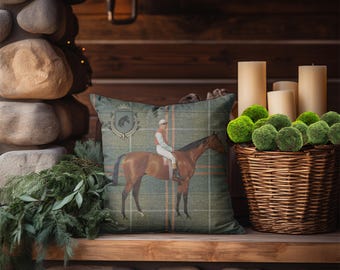 Vintage Jockey and Racehorse Pillow Cover, Racehorse decor