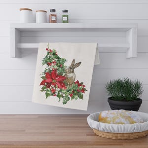 Rabbit Holiday Cotton Tea Towel, Farmhouse Animal Lover Kitchen Decor, Woodland Creature Dish Towel, Gift for Nature Enthusiast