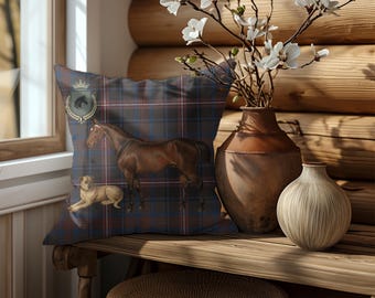 Horse and Dog Vintage Portrait Tartan Canvas Pillow, Equestrian Decor