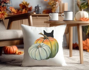 Black Cat Pumpkin Fall Halloween Thanksgiving Pillow