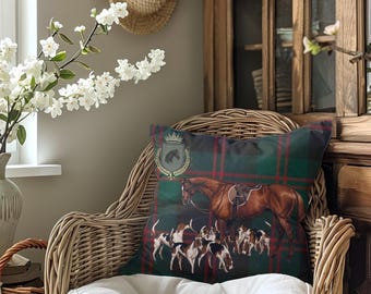 Horse and Dog Vintage Portrait Tartan Canvas Pillow, Fox Hunting Equestrian Decor