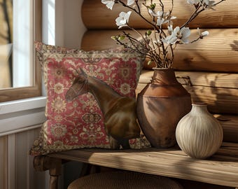 Horse Portrait Canvas Pillow, Vintage Style Equestrian Decor
