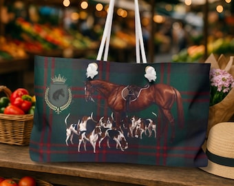 Equestrian Weekender Bag, Fox Hunting Horse & Dog Travel Tote