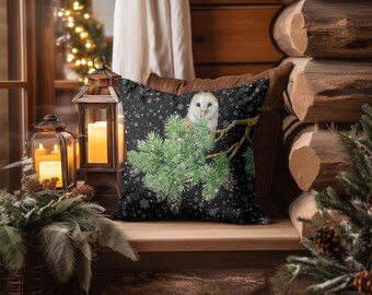 Winter Owl Pillow, Snowy Pine Tree, Holiday Home Decor