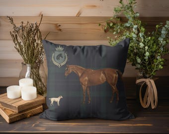 Horse and Dog Vintage Portrait Tartan Canvas Pillow, Equestrian Decor