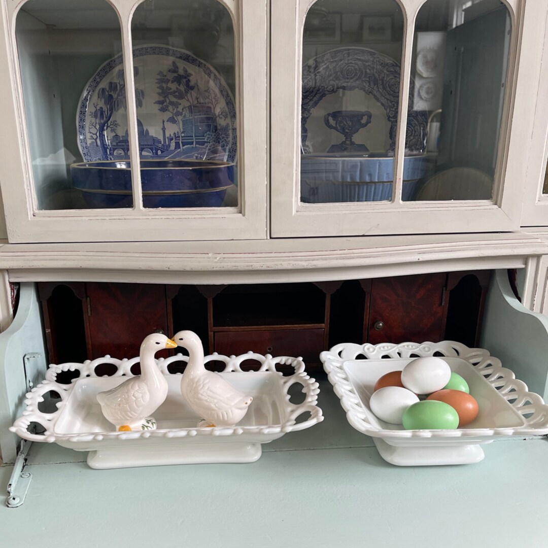 Pair of Reticulated Milk Glass Pedestal Bowls Etsy