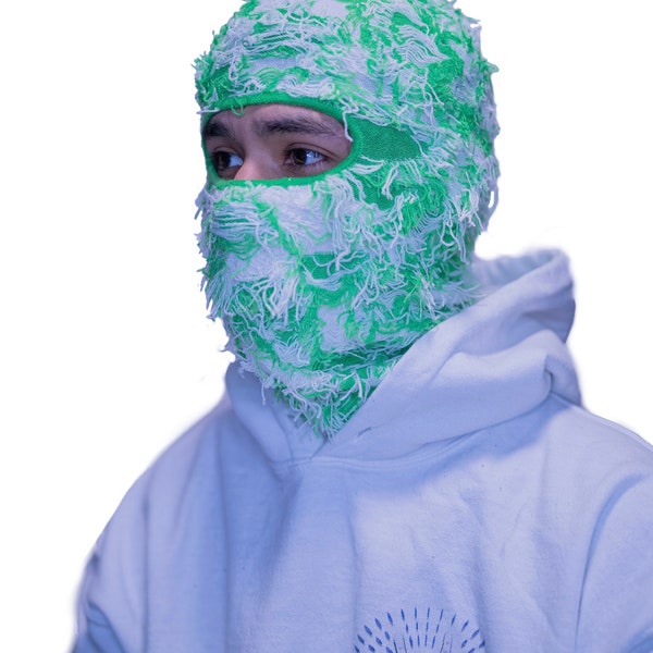 GREEN/WHITE Fuzzy Shiesty Balaclava Distressed Knitted Full Face Ski Mask Winter Windproof MEN & women, Yeat Inspired