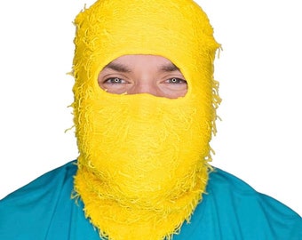 Fuzzy Shiesty Balaclava Distressed Knitted Full Face Ski Mask (YELLOW) Winter Windproof MEN & women, Yeat Inspired