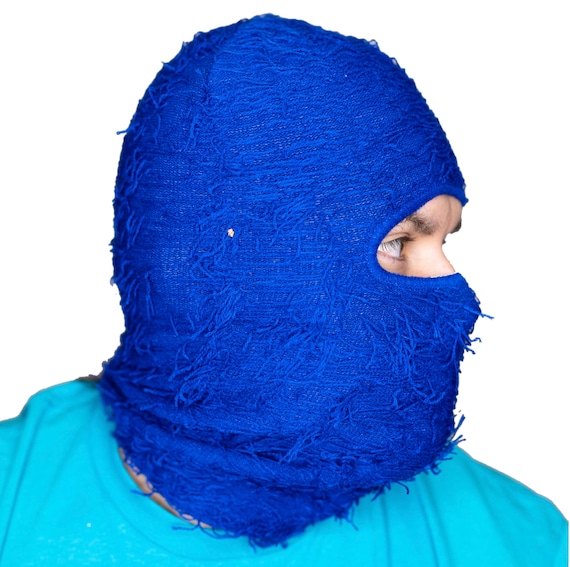 BLUE Fuzzy Shiesty Balaclava Distressed Knitted Full Face Ski Mask