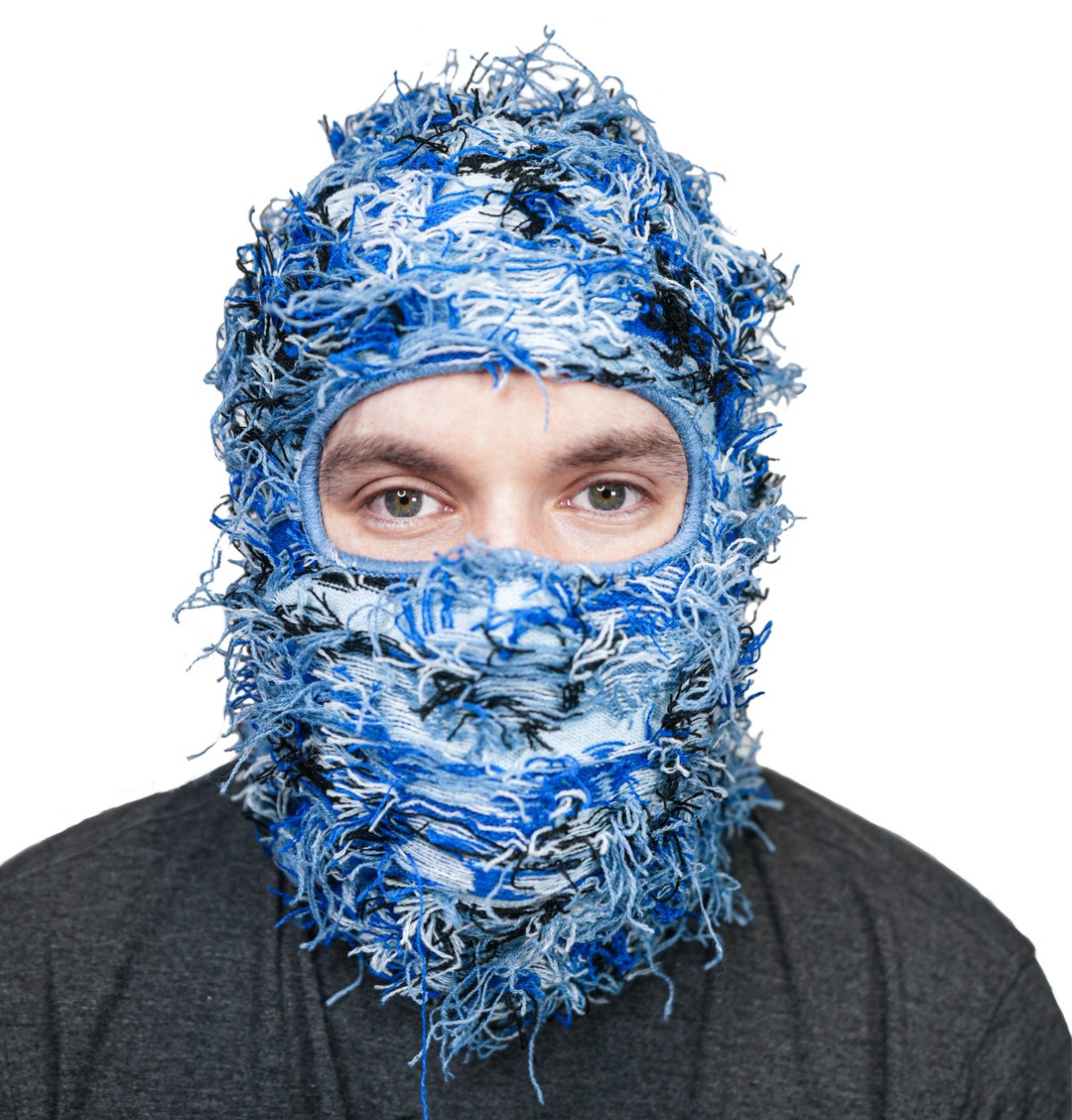 Blue/white Fuzzy Shiesty Balaclava Distressed Knitted Full Etsy