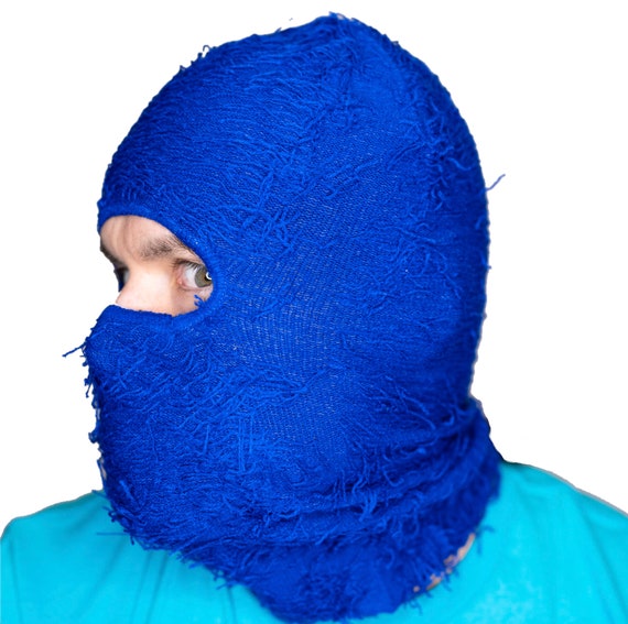 BLUE Fuzzy Shiesty Balaclava Distressed Knitted Full Face Ski Mask