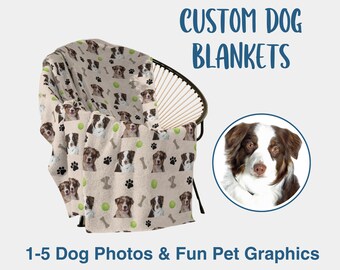 May include: A custom dog blanket with a beige background and a repeating pattern of dog faces, paw prints, and tennis balls. The blanket is draped over a chair. The text "CUSTOM DOG BLANKETS" is in blue letters at the top of the image. The text "1-5 Dog Photos & Fun Pet Graphics" is at the bottom of the image.