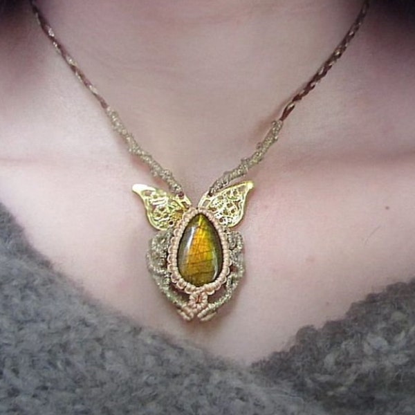 Butterfly Macrame Necklace with Yellow Labradorite Stone Fairy Jewelry by LeSoleilHandmade