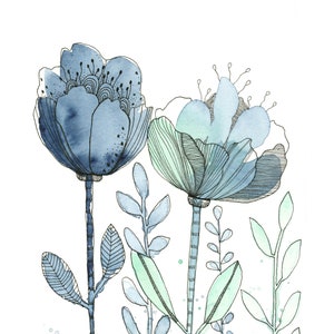 Modern Blue Floral Watercolor, Ink Print - 8x10 or 11x14 - Botanical Wall Art