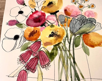 Floral Watercolor Giclée Print: Soft Blues, Pink & Gold Botanical Art