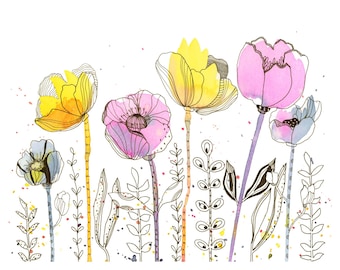 Bright Floral Watercolor Giclee Print - Yellow, Pink Flowers - 8x10 and 11x14