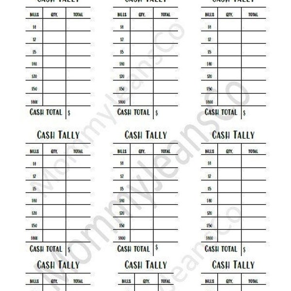 Cash Tally Sheet Etsy