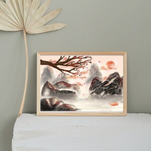 Japanische Landschaft druckbare Wandkunst, Aquarell östlichen Stil Landschaftsmalerei, japanische Landschaft sofortiger Download Digitaldruck