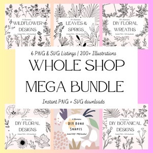 May include: A digital illustration set of 6 PNG and SVG listings with over 200 illustrations. The illustrations include wildflowers, leaves and sprigs, floral wreaths, floral designs, boho shapes, and botanical designs. The illustrations are black and white and are perfect for crafting and design projects.