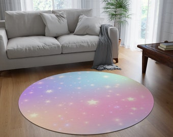 Pastel Rainbow Round Rug - Circle Rug with Stars - Nursery Decor - Girl's rainbow bedroom decor