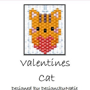 May include: A pixel art design of a cat holding a red heart. The cat is orange with black stripes and has a cute expression. The text "Valentines Cat" is below the image.
