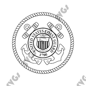 Könnte beinhalten: Schwarzweiß-Illustration des Siegels der United States Coast Guard. Das Siegel zeigt einen Seilkreis, einen Anker, einen Schild mit vertikalen Streifen und den Text "United States Coast Guard" und "Semper Paratus 1790".