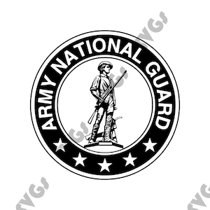 May include: Black and white illustration of the Army National Guard seal. The seal features a soldier standing with a rifle, surrounded by a circle with the words "Army National Guard" and five stars.