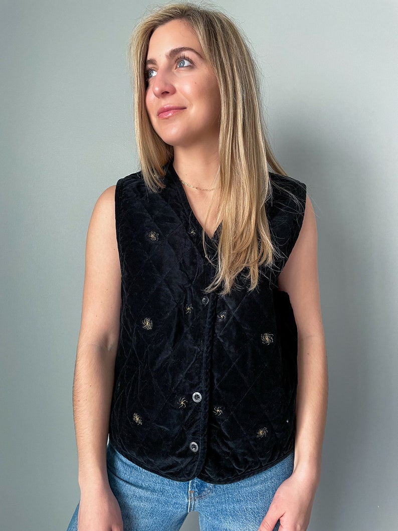 Vintage Black Velvet & Gold Quilted Vest Cascade Blues - Etsy