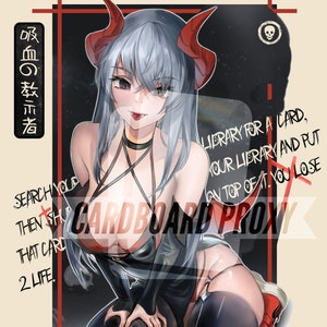 May include: A black and red illustration of a woman with horns and a skull. The text "SEARCH YOUR LIBRARY FOR A CARD, THEN SHUFFLE YOUR LIBRARY AND PUT ON TOP OF IT. YOU LOSE 2 LIFE" is written on the image. The text "Cardboard Proxy" is written at the bottom of the image.