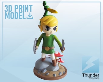 May include: A 3D-printed figurine of a cartoon character, wearing a green tunic, brown boots, and a yellow cap. The character holds a sword and shield, standing on a rock with mushrooms. The base is brown and the text "3D PRINT MODEL" is visible.